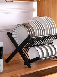 1 件折疊碗碟架,免安裝排水收納架,廚房碗碟架,雙層餐具架,家用碗碟 - 黑色 - 查看 2