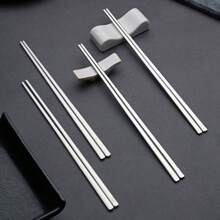 Stainless Steel Korean Style Cutlery Set With Long Handled Fork, Spoon, Mixing Spoon, Dessert Spoon, Steak Knife, Chopsticks - Silver - View 3