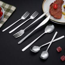 Stainless Steel Korean Style Cutlery Set With Long Handled Fork, Spoon, Mixing Spoon, Dessert Spoon, Steak Knife, Chopsticks - Silver - View 2