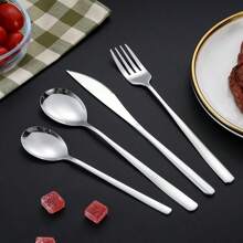 Stainless Steel Korean Style Cutlery Set With Long Handled Fork, Spoon, Mixing Spoon, Dessert Spoon, Steak Knife, Chopsticks - Silver - View 4