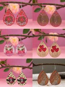 情人節浪漫粉色信封、心形氣球、牛頭、水滴形女士木製耳環,印花手繪圖案 - 彩色的 - 查看 3