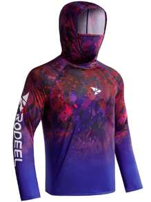 RODEEL 男士時尚漸層印花短袖T恤，帶遮光罩面罩，太陽防護，運動T恤 - 中紫紅色 - 查看 2