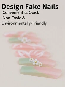 24入組長棺材形狀美甲貼片,粉綠顏色,帶有法式指甲,花卉,閃爍和蝴蝶圖案,適合新年禮物,包括1把指甲文件和1支果凍膠 - 藕粉色 - 查看 4