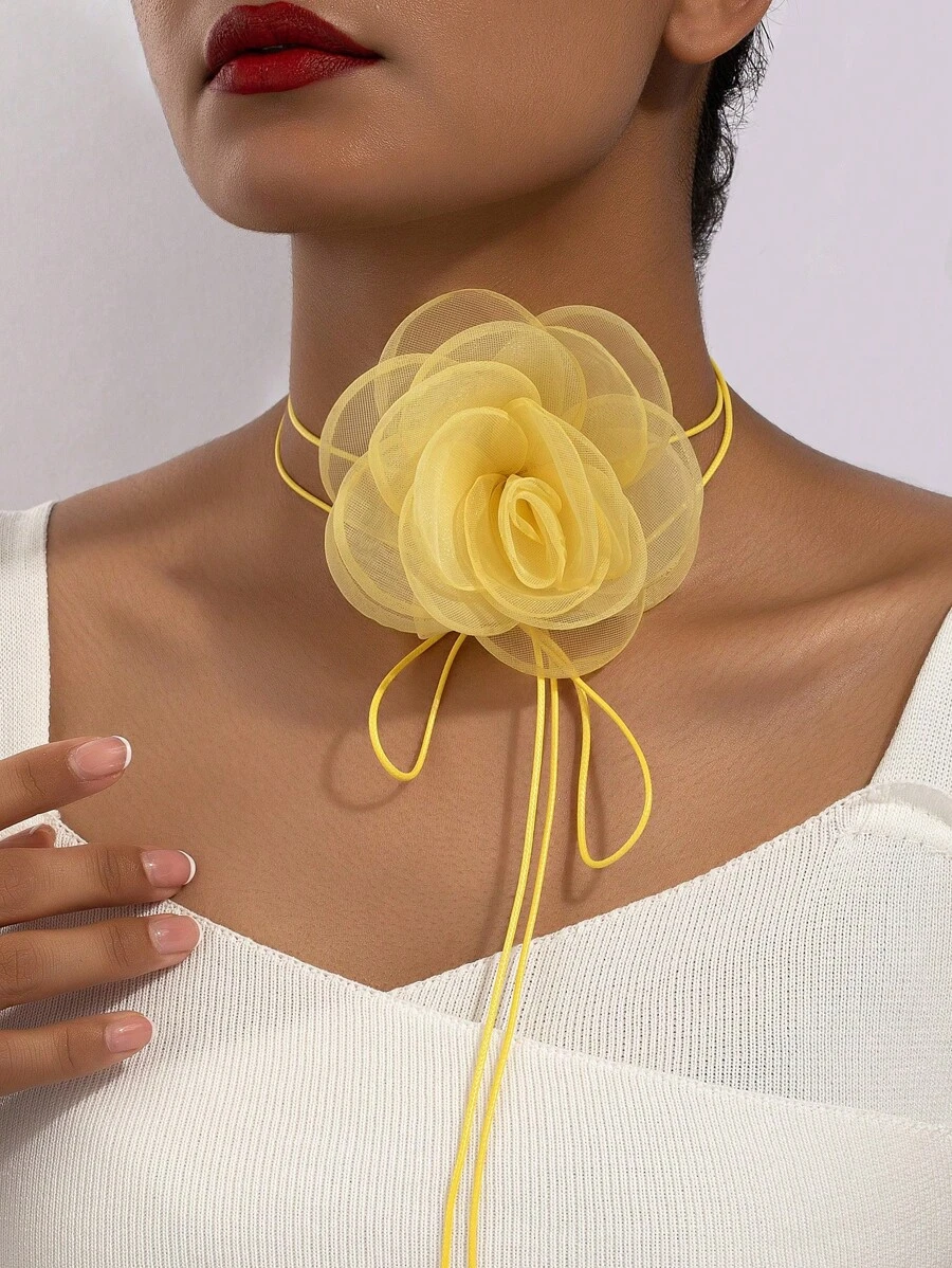1件天鵝絨花朵頸鍊,女士用幻象花式項圈 - 黃色 - 查看 1