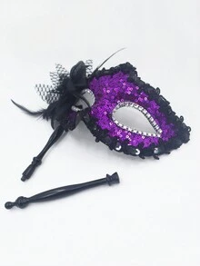 Makeup Party Purple Side Flower Little Girl Mask With Fixed & Handheld Stick Venetian Masquerade Dress Up Mask Role Play Prop - Purple - View 3