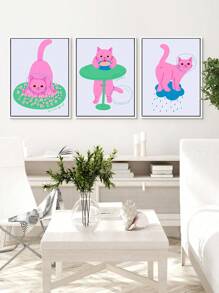 3入組粉色卡通貓設計無框畫布藝印刷品,適用於客廳和臥室,出人意料的禮物 - 彩色 - 查看 1