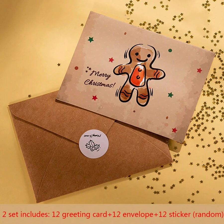 2sets Retro Christmas Gold Foil Greeting Card Set With Creative Korean Cartoon Design, Including Envelopes - Style a - View 1