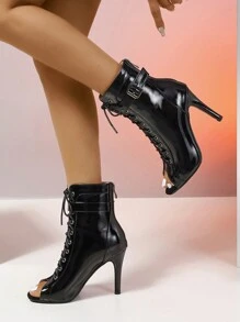 Women's High Heel Pointed Toe Zipper Back Lace-Up Hollow Out Dance Boots, Fashion Buckle Strap Roman Sandals, Elegant Black New British Style - Black - View 3