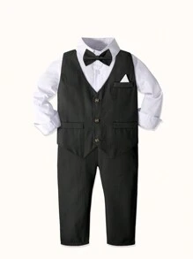 Young Boy 2024 New Style Formal Dress Suit, Performance Clothing For Wedding, Back To School Season. 4-Piece Set Includes: White Shirt, Solid Color Waistcoat, Bow Tie, Pants - Black - View 2