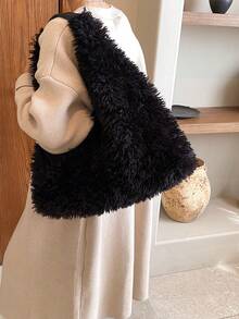 1只固色超大容量明亮絨毛袋,日常時尚單品,約會旅行手提袋 - 黑色 - 查看 5