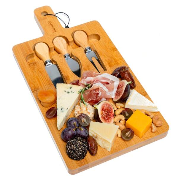 BlauKe® Bamboo Cheese Board And Knife Set - 12x8 Inch Charcuterie Board With Magnetic Cutlery Storage - Wood Serving Tray With Handle