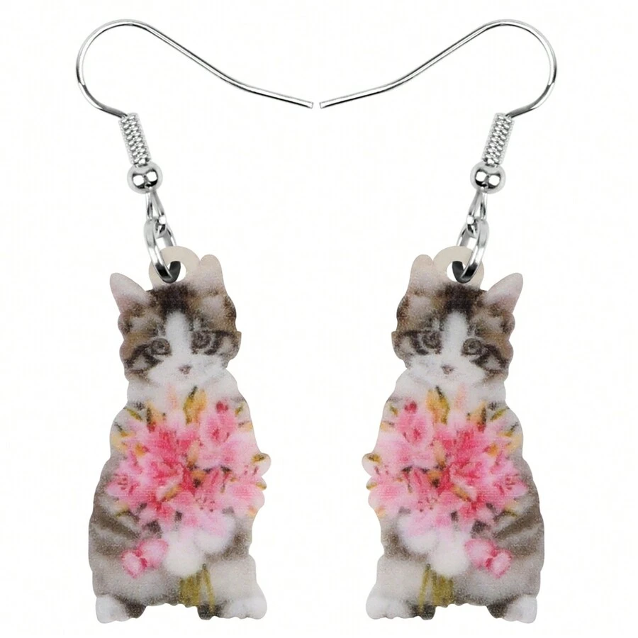 1對情趣藝術亞克力貓咪耳環,可愛手工小寵物垂墜耳飾,適用於女士/少女/節日禮物 - 棕色 - 查看 1