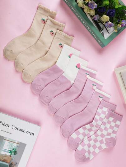 Moda 10 pares de calcetines para mujeres, rosa con estampado de fresa de frutas, estilo universitario