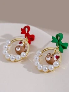 1對(2支)珍珠不對稱熊&蝴蝶結造型耳環,適用於女性 - 彩色 - 查看 2