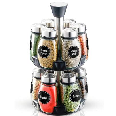 Revolving Spice Rack Organizer - Spinning Countertop Herb And Spice Organizer With 6 And 12 Glass Jar Bottles (Spices And Labels Not Included)