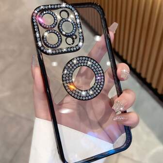 Black Rhinestone Omission Label Compatible With IPhone 15 14 13 12 11 Pro Max Full Package Transparent  Liquid Silicone Case Compatible With Apple 15 14 Plus Anti Drop Luxury High End Internet Celebrity Brand Accessories