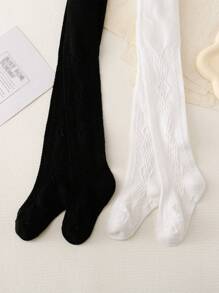 2pcs Japanese Style Girls' Simple Relief Diamond Patterned Tights - Black and White - View 2