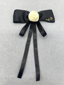 1入組手工製作的聚酯纖維蝴蝶領帶,帶黑色帶子和白色花朵細節,適合女性豪華風格 - 黑與白 - 查看 4