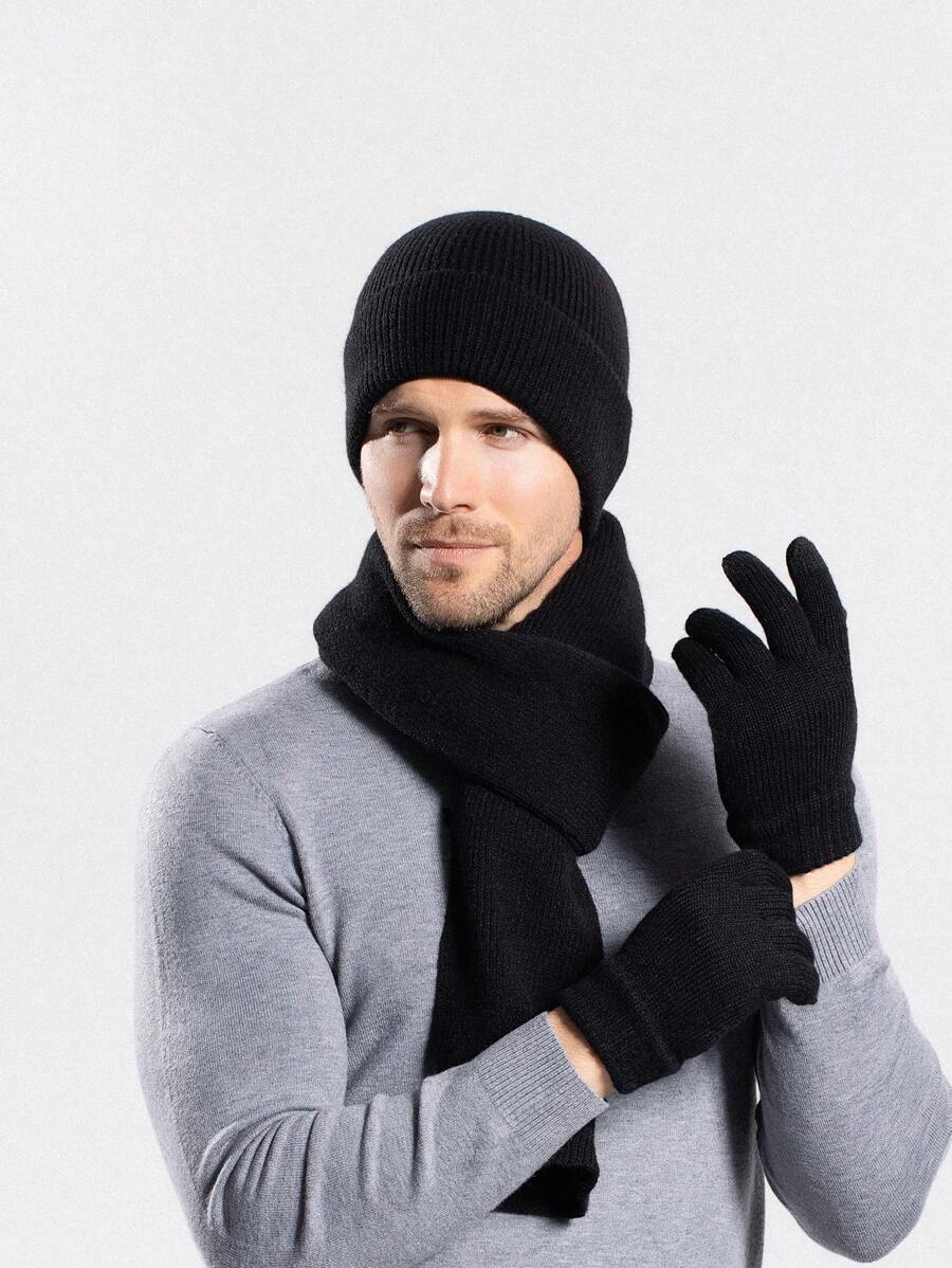 Men'S Winter Knitted Hat Set Hat, Gloves & Scarf, Warm Outdoor