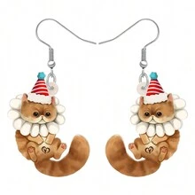 1對亞克力動漫聖誕帽小貓耳環掛墜花環寵物動物珠寶,適用於女孩、兒童、貓奴禮物 - 黃色 - 查看 1