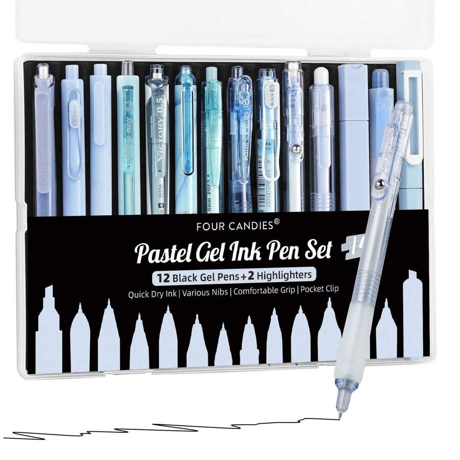 Gel Ink Pen Set,14PCS Pen Set With Case,Cute Note Taking 0.5mm Fine Point Retractable 12PCS Black Ink Pens With 2 Highlighter For School,Note Taking,Writing,Office Supplies,Suitable For Junior High School Primary School Boys And Girls College Student - 藍色 - 查看 1