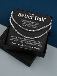 2 Pieces Silver Men's Minimalist Hip-Hop Fashion Stainless Steel Necklace Bracelet Set Blessing Paper Card Box Gift For Husband Man Boyfriend Other Half Gift - Silver - View 5