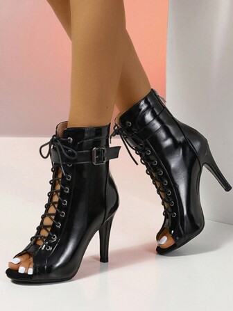 Women's High Heel Pointed Toe Zipper Back Lace-Up Hollow Out Dance Boots, Fashion Buckle Strap Roman Sandals, Elegant Black New British Style