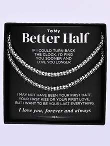 2 Pieces Silver Men's Minimalist Hip-Hop Fashion Stainless Steel Necklace Bracelet Set Blessing Paper Card Box Gift For Husband Man Boyfriend Other Half Gift - Silver - View 2