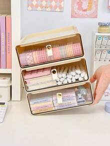 1pc Transparent Makeup Organizer Box Desktop Drawer Makeup Brush Storage Box Desktop Multi-Function Drawer For Dressing Table - Beige - View 5