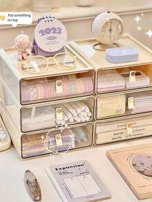 1pc Transparent Makeup Organizer Box Desktop Drawer Makeup Brush Storage Box Desktop Multi-Function Drawer For Dressing Table - Beige - View 2