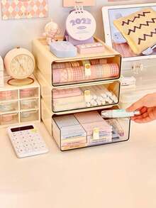 1pc Transparent Makeup Organizer Box Desktop Drawer Makeup Brush Storage Box Desktop Multi-Function Drawer For Dressing Table - Beige - View 3