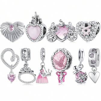 bamoer 1 PC 925 Sterling Silver Pink Princess Pendant Charms Crown Beads For Women Necklace Bracelet DIY Accessories