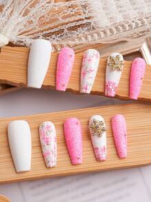10入組手工製作獨家設計的新年情人節長款3d美甲,y2k白色微光可愛粉紅按壓式美甲,帶3d鑽石,易於佩戴,讓您的外觀更上一層樓 - 粉色 - 查看 3