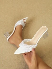 女士时尚水晶粗跟穆勒鞋优雅迷人一脚蹬露趾凉鞋闪亮派对经典魅力白色鞋履 - 白色 - 查看 3