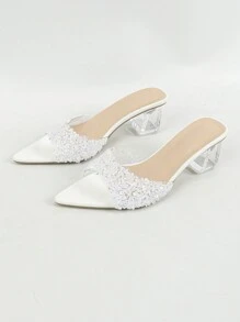 女士时尚水晶粗跟穆勒鞋优雅迷人一脚蹬露趾凉鞋闪亮派对经典魅力白色鞋履 - 白色 - 查看 8