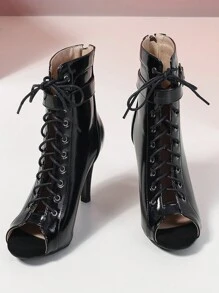 Women's High Heel Pointed Toe Zipper Back Lace-Up Hollow Out Dance Boots, Fashion Buckle Strap Roman Sandals, Elegant Black New British Style - Black - View 5