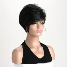 Women's Short Straight Synthetic Fiber Hair Wig In Natural Black Color, 10inch Length With Side Bangs And Fluffy Style, Suitable For Daily Wear - Black - View 3