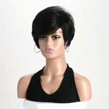 Women's Short Straight Synthetic Fiber Hair Wig In Natural Black Color, 10inch Length With Side Bangs And Fluffy Style, Suitable For Daily Wear - Black - View 6