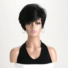 Women's Short Straight Synthetic Fiber Hair Wig In Natural Black Color, 10inch Length With Side Bangs And Fluffy Style, Suitable For Daily Wear - Black - View 4