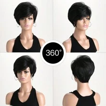 Women's Short Straight Synthetic Fiber Hair Wig In Natural Black Color, 10inch Length With Side Bangs And Fluffy Style, Suitable For Daily Wear - Black - View 5