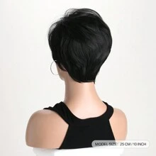 Women's Short Straight Synthetic Fiber Hair Wig In Natural Black Color, 10inch Length With Side Bangs And Fluffy Style, Suitable For Daily Wear - Black - View 7