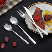 Stainless Steel Korean Style Cutlery Set With Long Handled Fork, Spoon, Mixing Spoon, Dessert Spoon, Steak Knife, Chopsticks - Silver - View 5