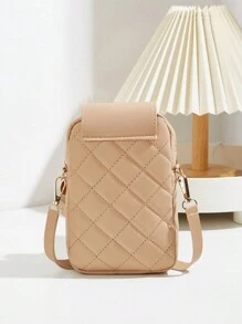 全新菱形刺绣手机袋零钱包单肩斜挎迷你包 - 卡其色 - 查看 5