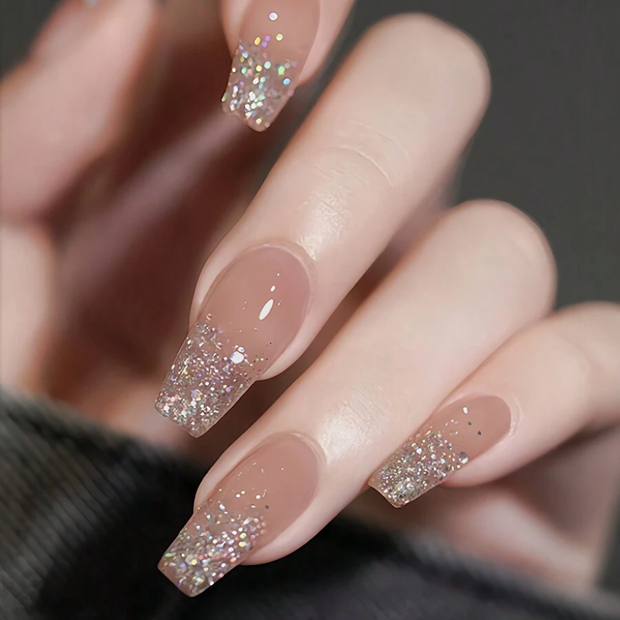 24入組法式銀色閃粉指甲貼紙，指甲藝術貼紙，可佩戴裝飾；包括24份果凍膠和1個指甲磨光器，適用於日常佩戴和相配的貼上式指甲，適用於指甲用品 - 淺粉色 - 查看 1