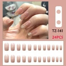 24入組法式銀色閃粉指甲貼紙，指甲藝術貼紙，可佩戴裝飾；包括24份果凍膠和1個指甲磨光器，適用於日常佩戴和相配的貼上式指甲，適用於指甲用品 - 淺粉色 - 查看 4