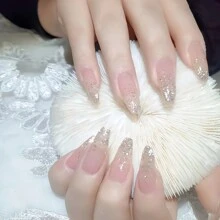 24入組法式銀色閃粉指甲貼紙，指甲藝術貼紙，可佩戴裝飾；包括24份果凍膠和1個指甲磨光器，適用於日常佩戴和相配的貼上式指甲，適用於指甲用品 - 淺粉色 - 查看 3