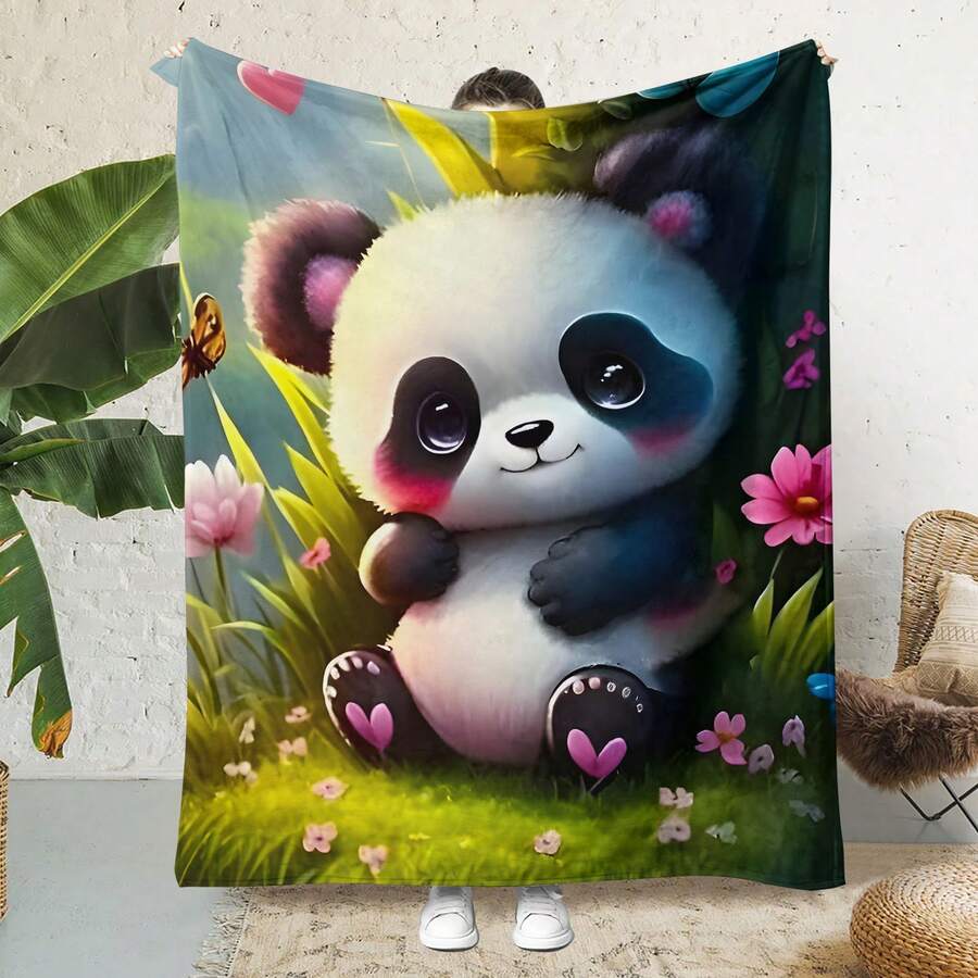 1條熊貓圖案法蘭絨毛毯,抽象款式,適用於各季節的沙發、冷氣和床上毯子,柔軟保暖 - 彩色 - 查看 1