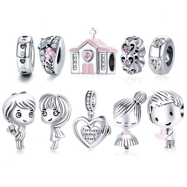 bamoer 1 PC 925 Sterling Silver Marriage Theme Pendant Charms Heartbeat Boy & Girl Beads For Women Bracelet Necklace DIY Accessories Valentines