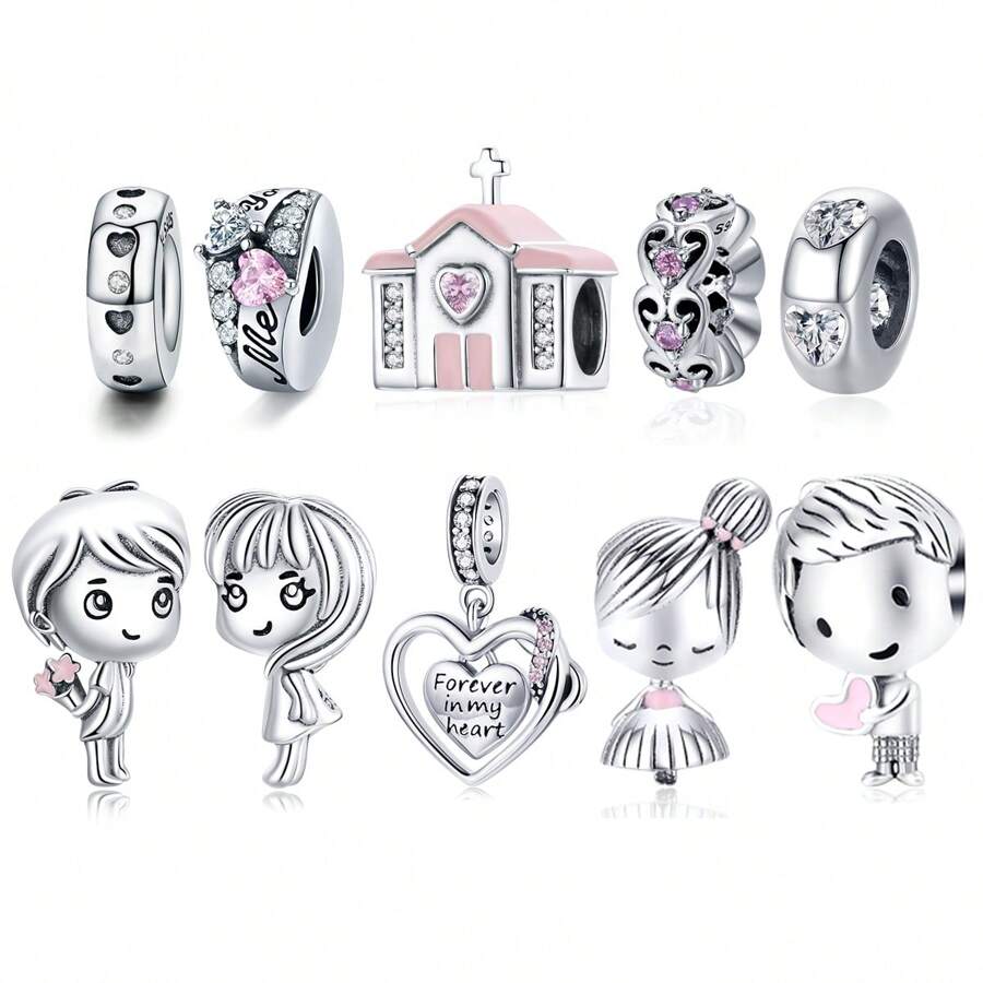 bamoer 1 PC 925 Sterling Silver Marriage Theme Pendant Charms Heartbeat Boy & Girl Beads For Women Bracelet Necklace DIY Accessories Valentines