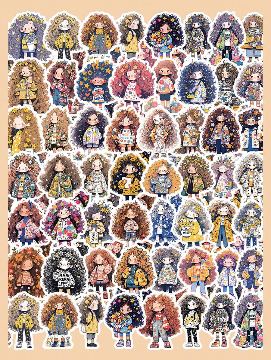 63pcs Waterproof Stickers With Long Hair Girls Design, Perfect For Decorating Diary, Notebook, Textbook, Mobile Phone Case, Luggage, Water Bottle, Etc.,School Supplies,Back To School